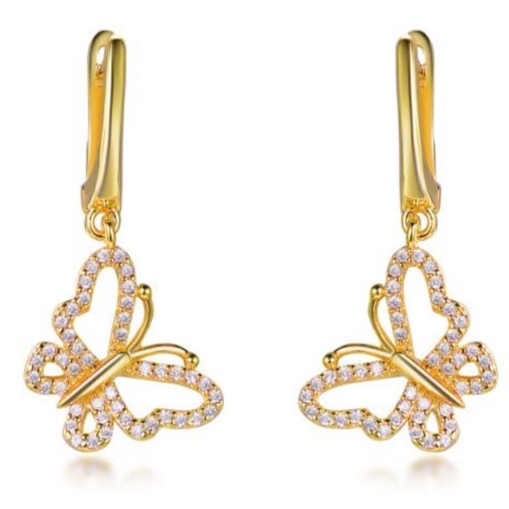 New Sterling silver 14k plated cubic zirconia butterfly dangle earrings